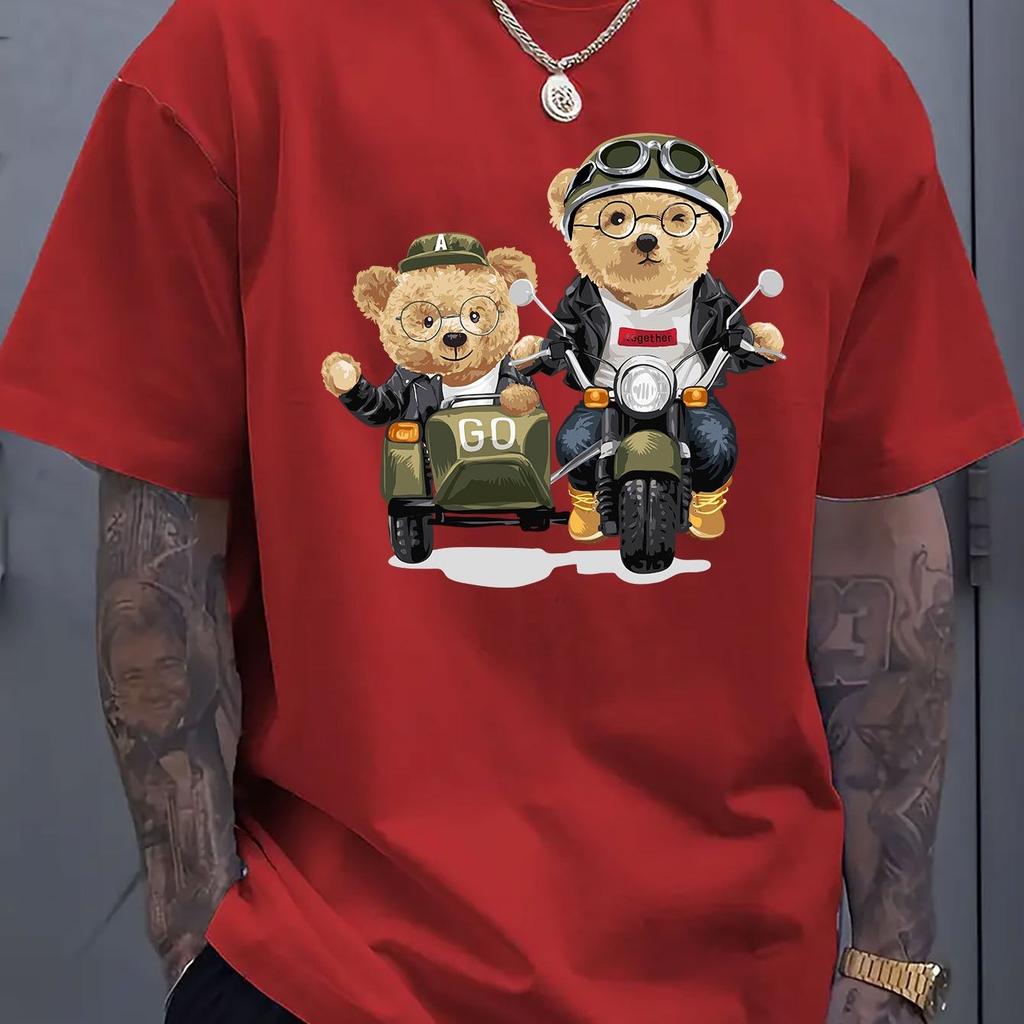 Summer 100 Cotton Fashionable Casual Sports Loose Cartoon Bear Pattern Printed Round Neck Short Sleeved Men's T-shirts
