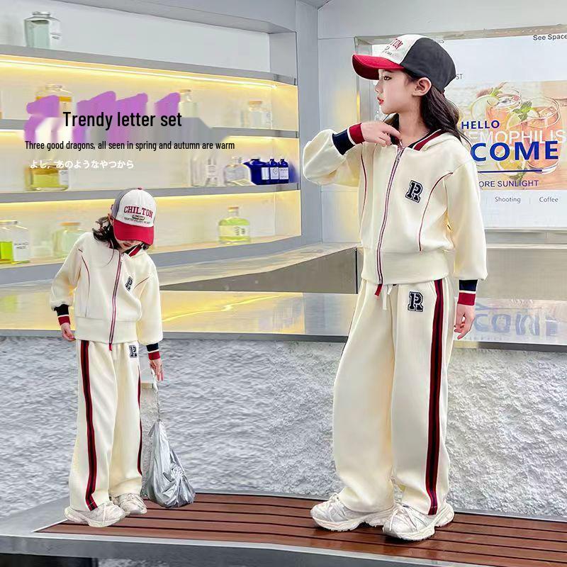 Korean-Style Girls' Spring Set: 2025 Trendy Hooded Sweatshirt & Sporty Two-Piece