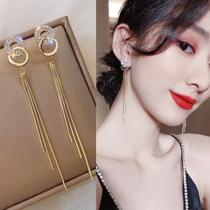 New Korea Trendy Luxury Crystal Long Tassel Drop Dangle Earrings for Women Charm Geometric Circle Pendants Earring Party Jewelry