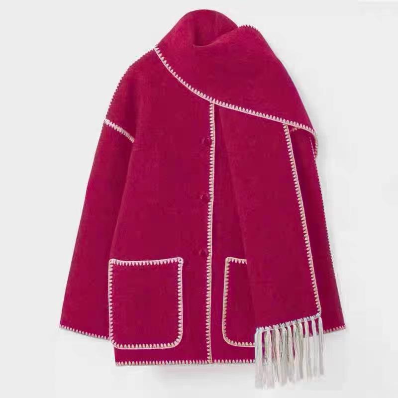 2023 Autumn/Winter Women's Wool Coat with Scarf & Tassels - European & American Style, Thick & Loose.