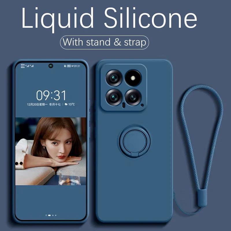 Liquid Silicone Case For Xiaomi 14T Pro 360 ° Rotating Ring Holder Cover For Xiaomi 15 14 13 12 13T 12T Pro Fundas With Strap