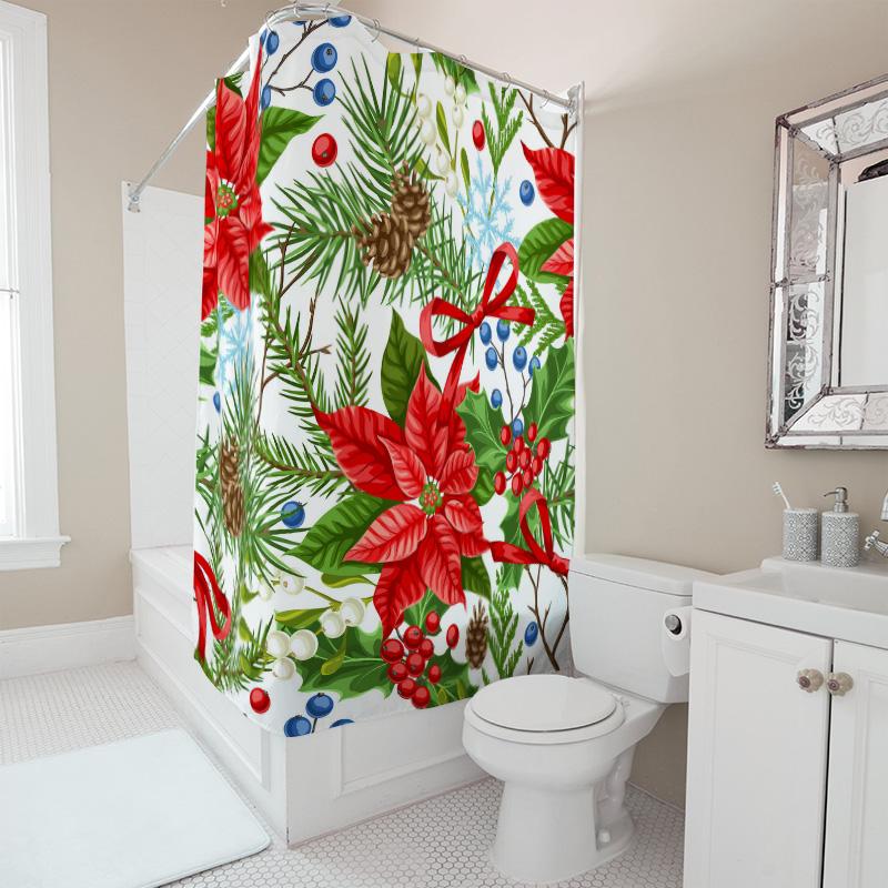 TU Christmas Shower Curtain Festive Holiday Decor Reversible Botanical Print Waterproof Bathroom Fabric Backdrop Xmas Party Supp