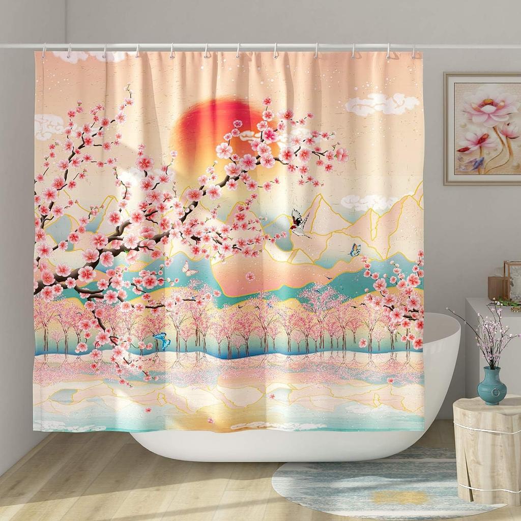 Japanese Shower Curtain Asian Art Mountain Shower Curtain Anime Cherry Blossom Shower Curtain Polyester 72X72 Inch