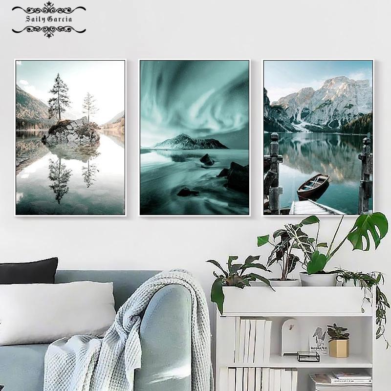 Aurora Lake Reflection Sheep Yak Animals Nature Scenery Canvas Painting Scandinavian Art Print Poster Wall Picture Home Decor