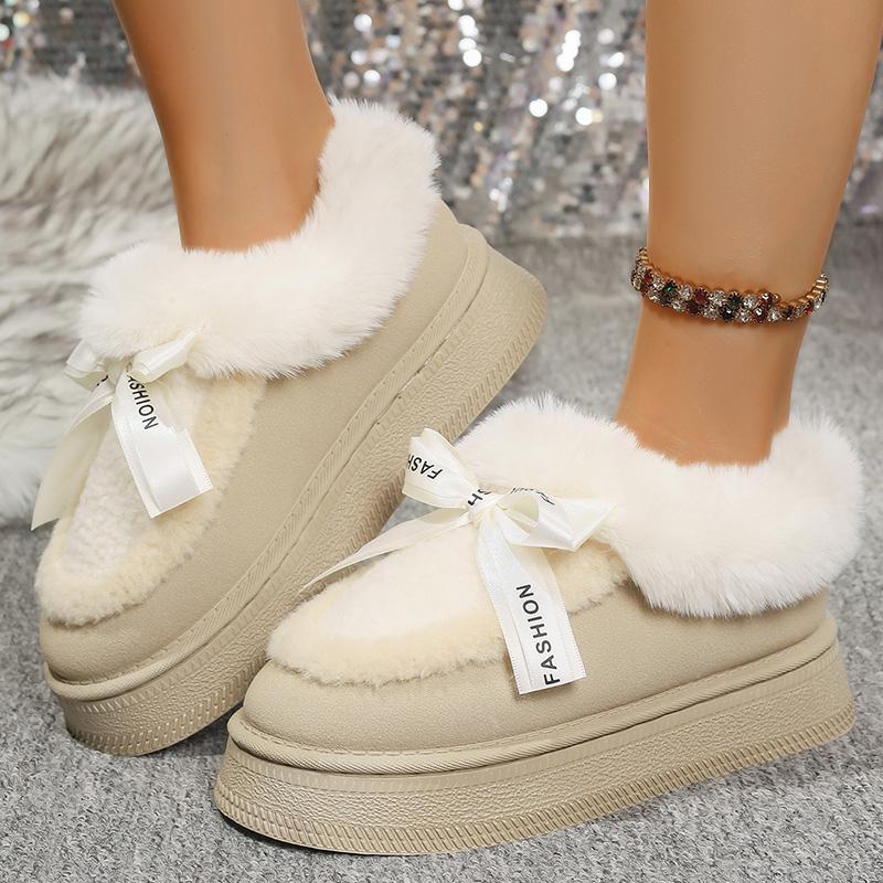 Fashion New Thick Bottom Fur Cotton Padded Shoes Women Bowknot Non Slip Thick Plush Snow Boots Woman Slip On Warm Platform Ankle Boots