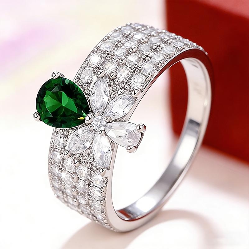 Luxurious Light Luxury Water Drop Zirconia Full Set Pear shaped Flower Ring for Ladies, Fashionable and Noble Exquisite Ring 6 зелёный