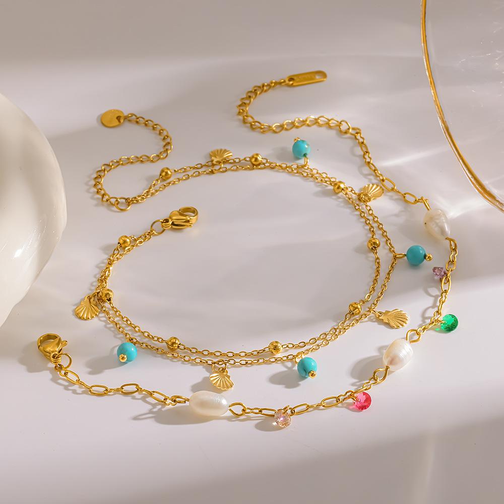 Stainless Steel Turquoise Pearl Shell Pendant Double Layer Gold Color Anklet for Women Bohemia Summer Beach Jewelry Accessory