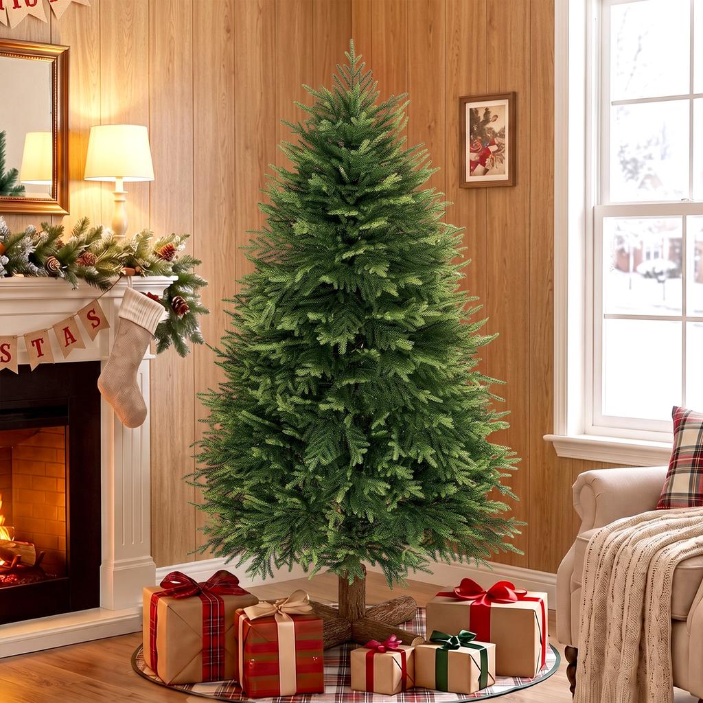 5ft Artificial Christmas Tree, Hinged Xmas Tree with Realistic 513 PE & PVC Branch Tips, Fir Wood Base, Green