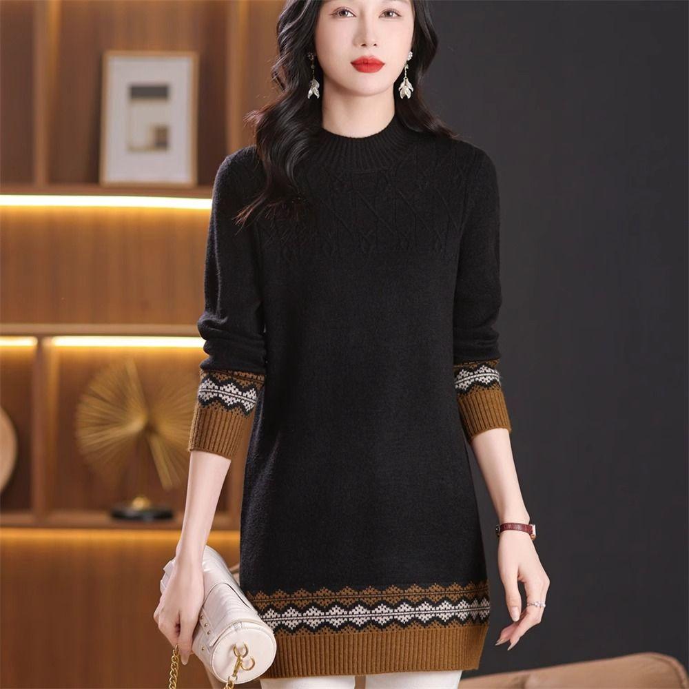Half Turtleneck Knitted Sweater Women's Color Block Loose Mid-length Sweater Knitted Sweater Long-sleeved Casual Pullover Autumn and Winter Top