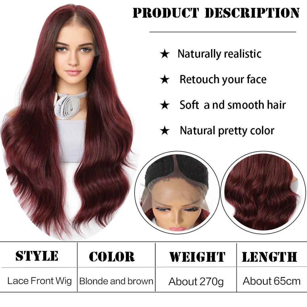 Cheap Women s wine red front lace wig 26inch fashionable long wave