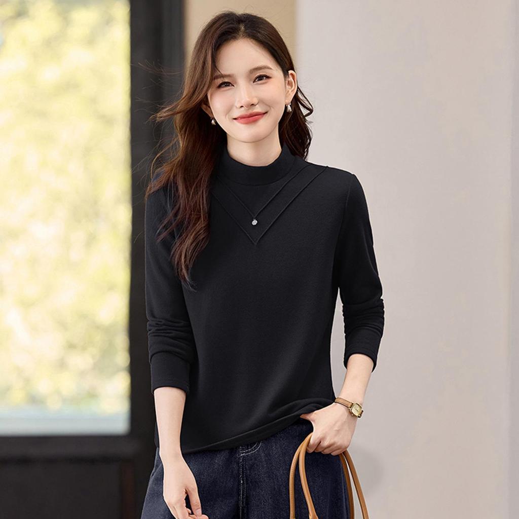 2025 Women's Velvet Half-High Neck Long-Sleeve Slimming Base Layer Top for Autumn/Winter