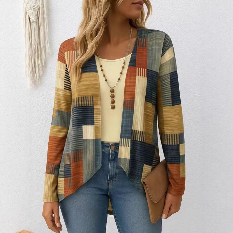 Women s Abstract Geometric Print Open Front Cardigan V-Neck Long Sleeve Casual Jacket S