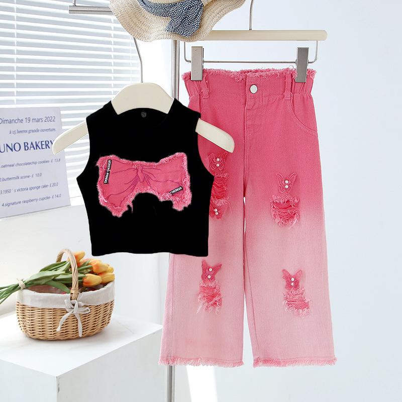 Sommer Set für Mädchen: Rundhals-Ärmelloses Kurzarm-T-Shirt + Ausgefranste Jeans Zweiteiliges Set Outfit für ältere Mädchen