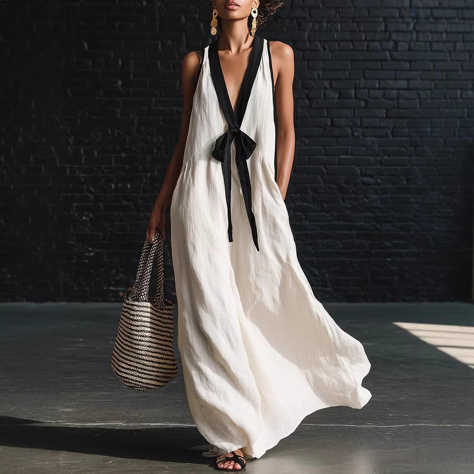 

Ladies Casual And Elegant Temperament Deep V-neck Color Blocked Long Dress M белый