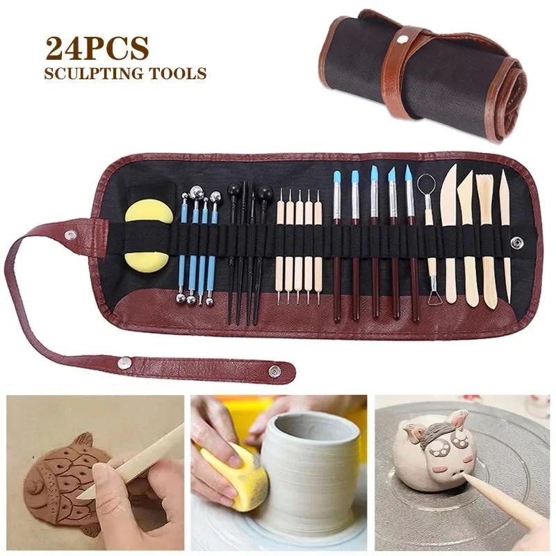 

24pcs Set Soft Pottery Sculpture Tools Clay Sculpture Knife Ball Rod Drawing Embryo Indentation Stone Plastic Clay Tools