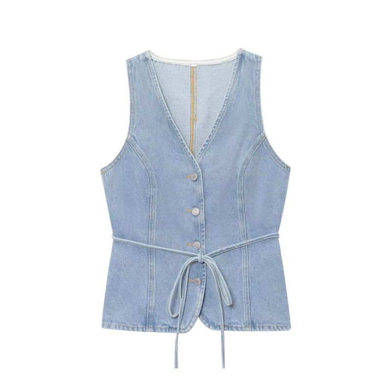 

Kaslead New Women clothes Western Style V-neck Sleeveless Waist Hugging Denim Vest Casual Trousers Set Top L