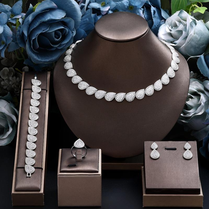 Stylish and Simple Zircon Necklace Earrings Set Copper Plated Party Banquet Popular Accessories Women