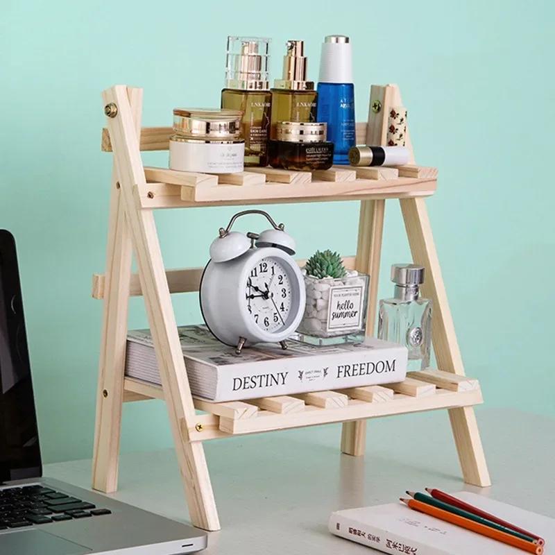 Dřevěný stolní úložný regál, dvouvrstvý organizér, lichoběžníkový skládací rohový regál, police na rostliny a květiny, stolní stojan