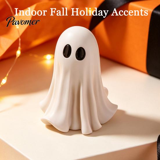 Durable Resin Autumn Display Cute White Ghost Statue, Big Eyes Figurine, Halloween Tabletop Decor, Child-Friendly Party Props Spooky Indoor