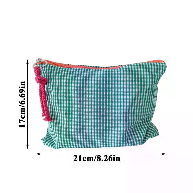 Women Girls Plaid Makeup Bag Cotton And Linen Cosmetic Bag With Zipper Pouch Simple Portable Large Capacity Storage Bag Fashion