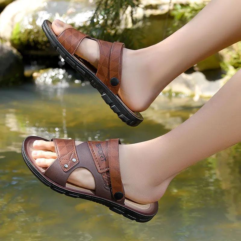 Leather Sandals for Men Summer Beach Shoes Men's Casual Slippers Non-slip Open-toe Sandals Shoes Male