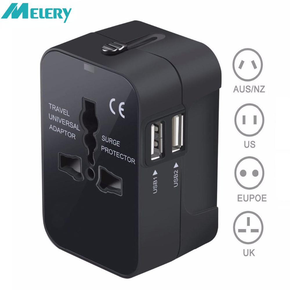 Melery Universal Worldwide All in One Phone Charger Travel Wall AC Power Plug Adapter Dual USB Charging Ports for USA EU UK AU