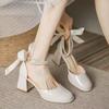 2025 summer new versatile round head thick heel bag head pearl bow light mouth hollow sweet Mary Jane shoes women