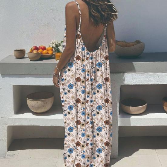Women Long Slip Dress Breathable Summer Floral Print Casual Sleeveless Dress Spaghetti Strap Loose Swing Hem Ankle Length Beach Dress