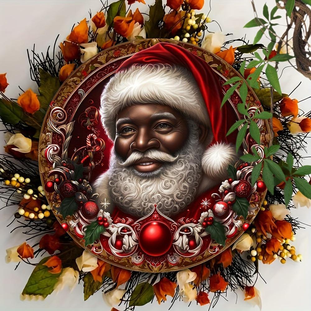 Black Santa Wreath. 8x8 inch acrylic with festive design. A charming holiday gift.