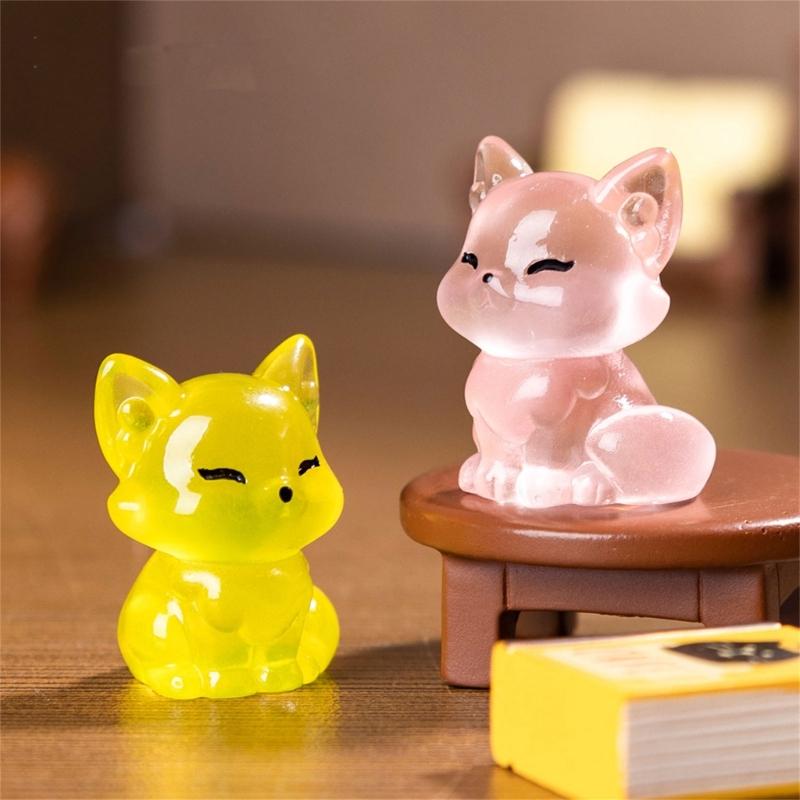 6pcs Cute Little Foxes Sculptures with Glowing in Dark Effect Luminously Animal Figurines for Home Car Interior Decors