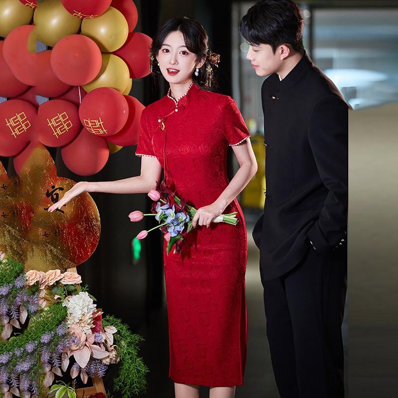 Elegant Red Cheongsam Dress Wedding Banquet Bridesmaid Engagement Return Home Ceremony