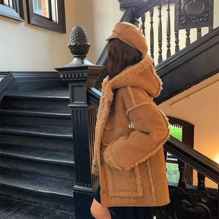 Cappotto Vintage in Lana d'Agnello da Donna Inverno Caldo Largo Ispessito Giacca in Pelliccia Sintetica con Bottoni a Corno