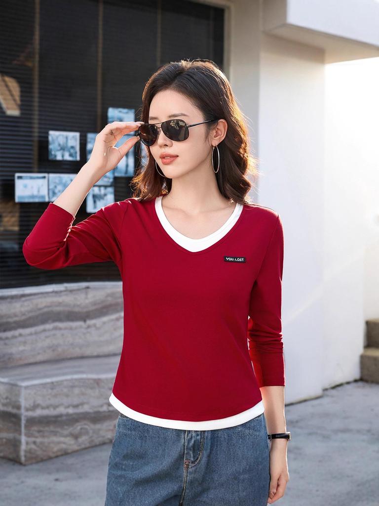 2525 Women's Two-in-One Long Sleeve Slimming T-Shirt, Spring/Autumn Loose Fit Top