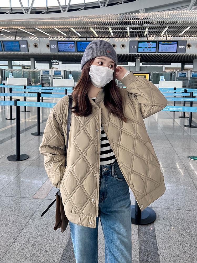 Short student jacket winter new rhombus plaid down  jacket women's loose baseball collar small  jacket