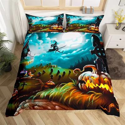 Conjunto de Capa de Edredom Lanterna de Abóbora Infantil Solteiro King Conjunto de Cama de Halloween Microfibra Bruxa Mistério Estampa Cemitério Capa de Edredom