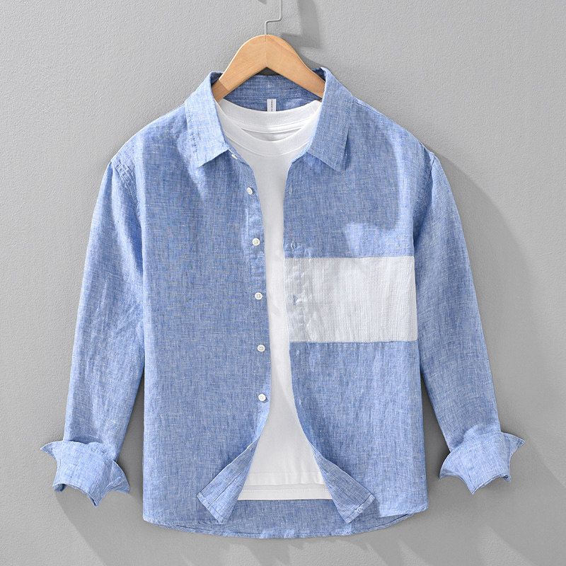 Foreign Trade Surplus Pure Linen Patchwork Long-Sleeve Shirt for Men, New Spring/Autumn Trendy Casual Retro Design Shirt