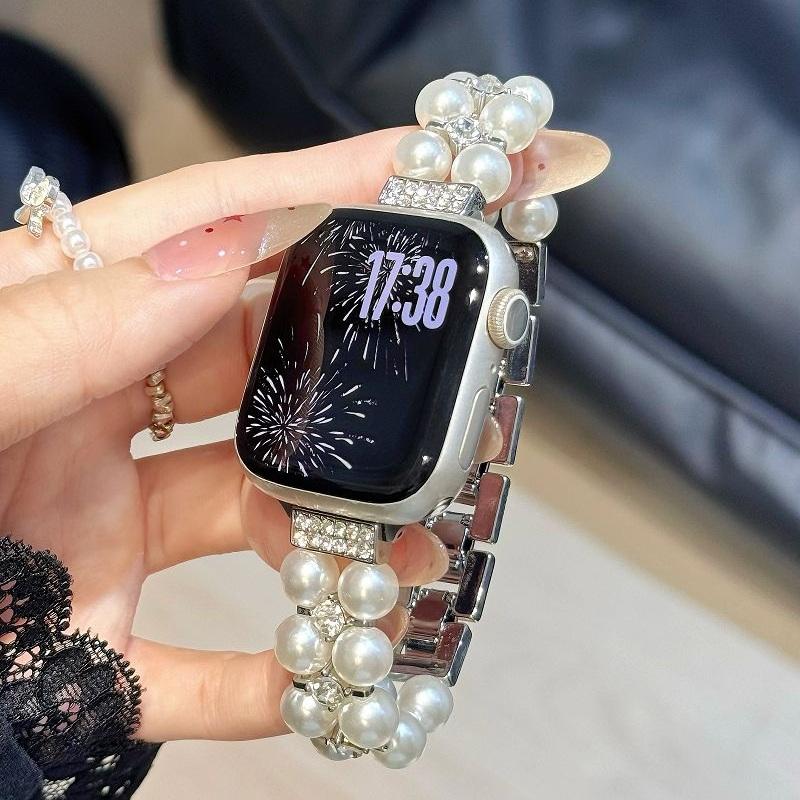 Pearl Beaded Bracelet for Apple Watch Band 49/46/45/44/42/41/40/38mm Women Chic Diamond Metal Wristband Strap for iWatch S10 9 8
