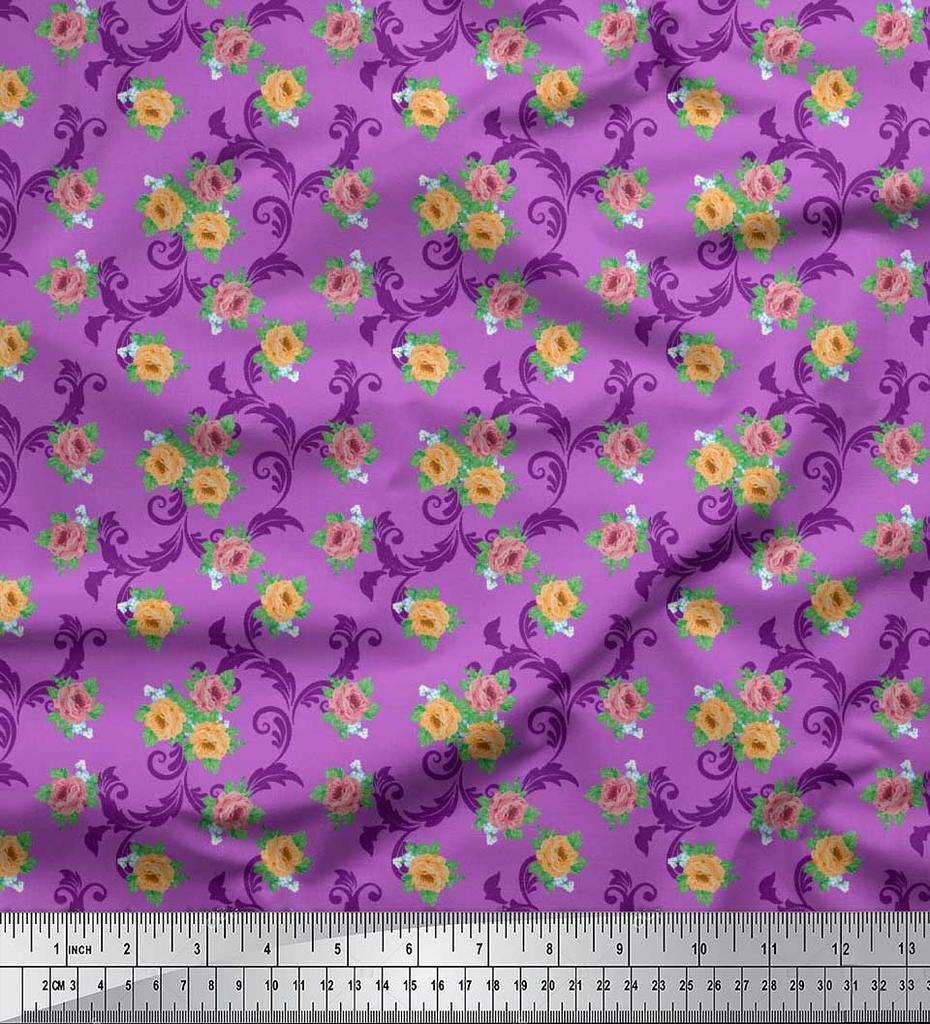 Soimoi Japan Crepe Satin Fabric Swirl,Leaves & Rose Floral Printed Fabric 1 Metre 42 Inch