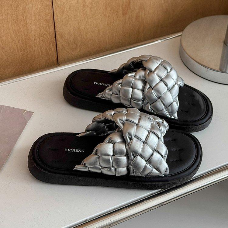 

[youshilai] Woven sofa drag cross-strap slippers women s soft bottom summer outer wear handmade one-word slippers 35