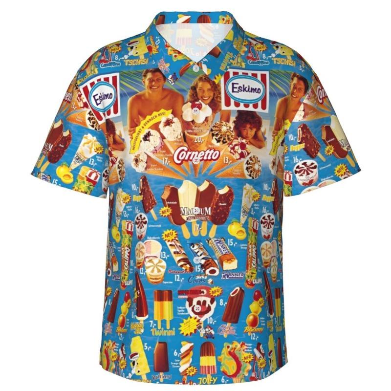 Camicia Hawaiana Vintage da Uomo con Gelato, Abbigliamento da Spiaggia, Vacanze Estive, Retrò, Menu, Poster, Camicie a Bottoni