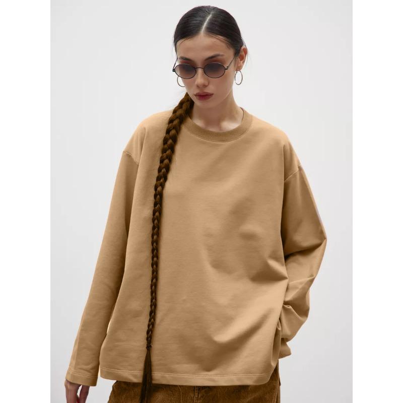 

Женский однотонный повседневный топ с длинным рукавом и круглым вырезом на осень и зиму L хаки