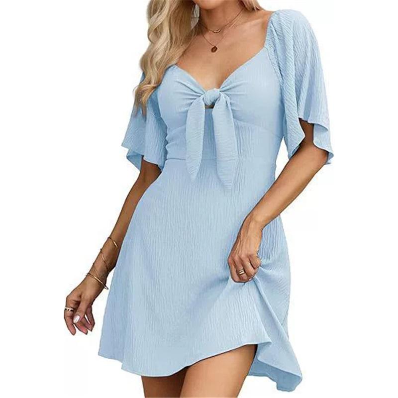 European And American Style Ladies V-neck Bow Tie Short-sleeved Mini Dress Solid Color Waist Loose Casual Long Skirt