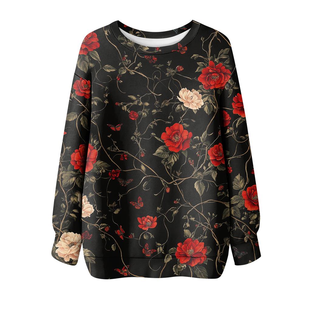 Women's Floral Print Round Neck Long Sleeved T-shirt Sweatshirt Top