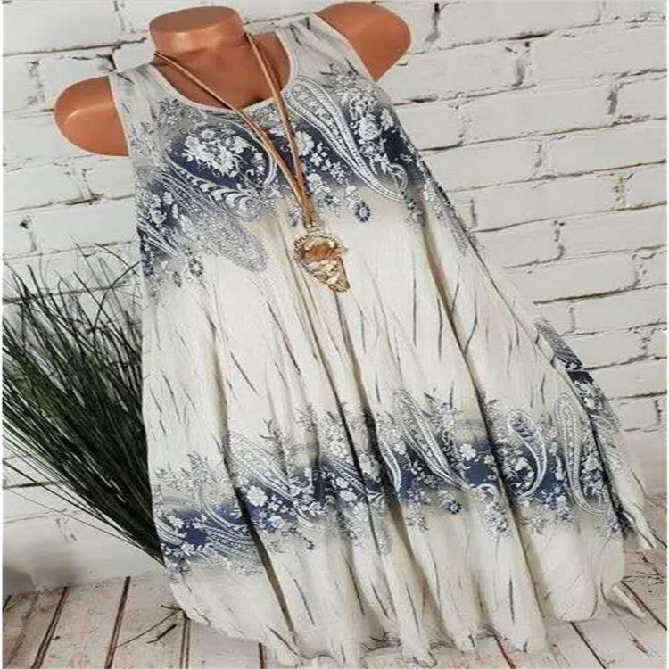 Moda Yazlık Kadın Kolsuz Baskılı Elbise Rahat Günlük Moda