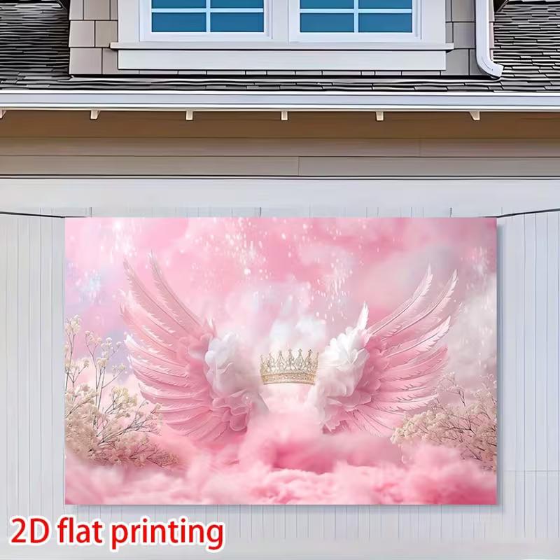 2D Printed Pink Angel Wings Backdrop with Crown & Flowers for Baby Shower and Princess Photography