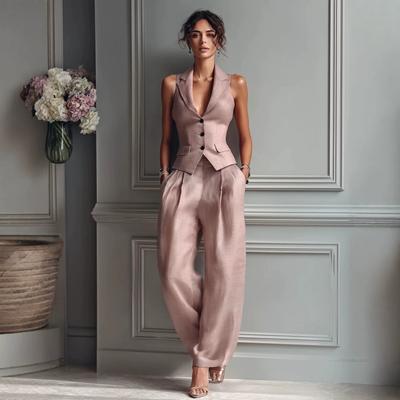 Damen Büro Zweiteiler Ärmellose Blazerweste High Waist Weite Hosen Casual Anzug