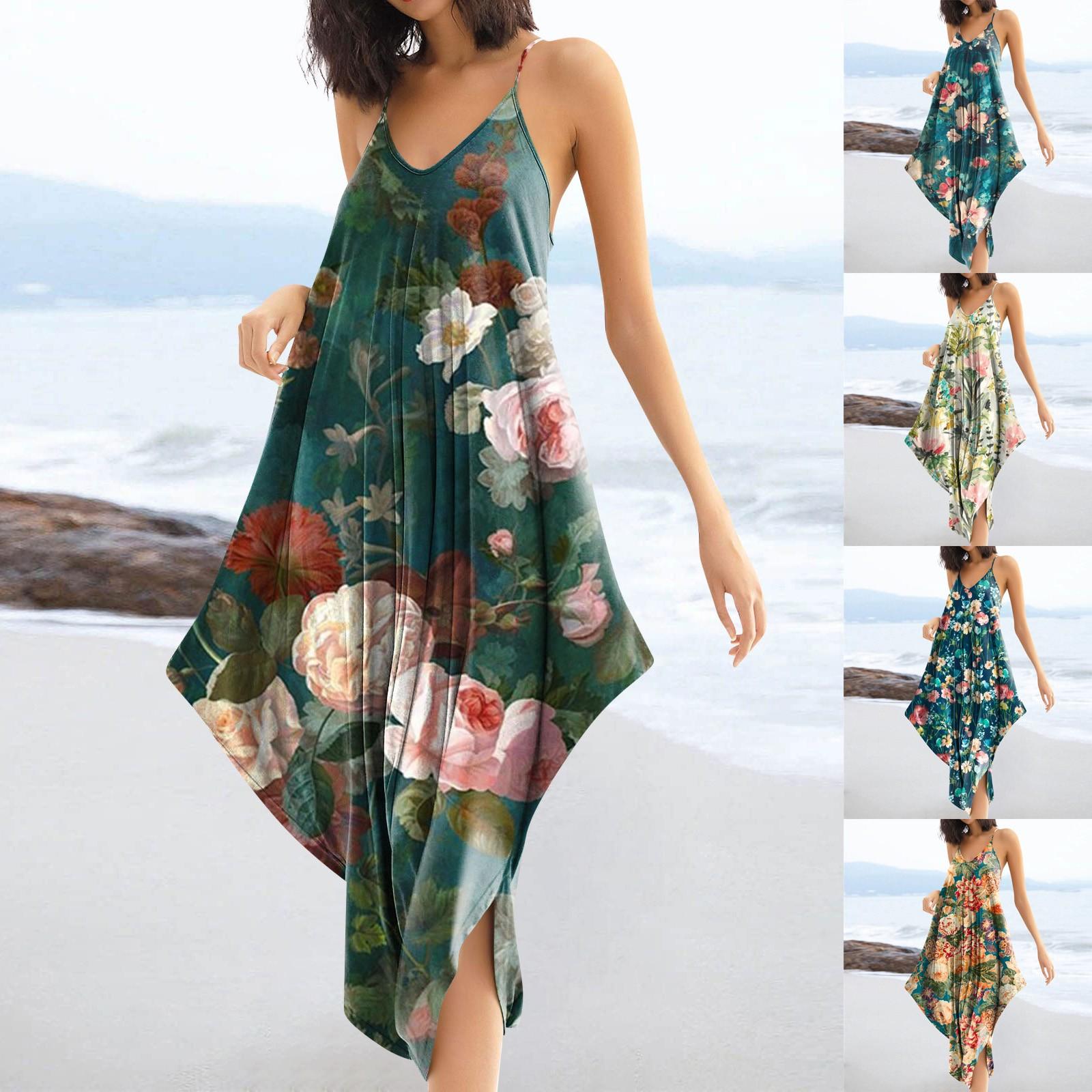 

(Куниде) Модный комбинезон на бретельках с v-образным вырезом и цветочным принтом для женщин, винтажный комбинезон на тонких бретельках с карманом