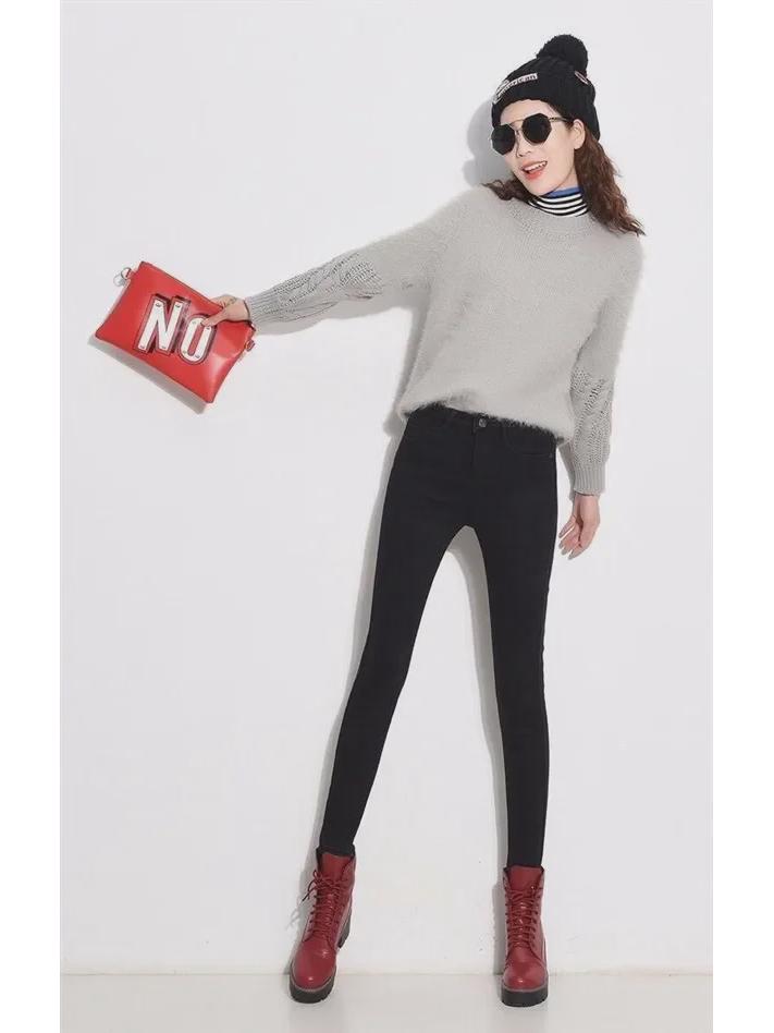 Women's Plush High-Waist Slim-Fit Cotton Jeans for Autumn/Winter