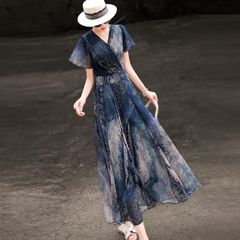 Elegant Vintage Print Chiffon A-Line Dress M