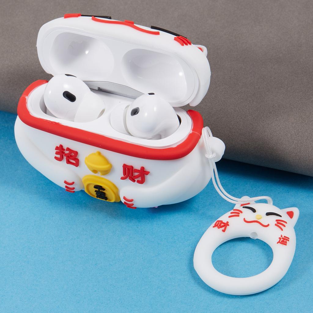 Silicone Cover for Apple AirPods Pro Bluetooth-compatible Earphones Lucky Cat Protective Case with Loop Strap